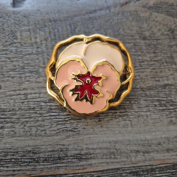 Vintage 1990s AVON Pin Brooch Full Bloom Pansy Pink Red Enamel Gold Tone - Picture 1 of 7